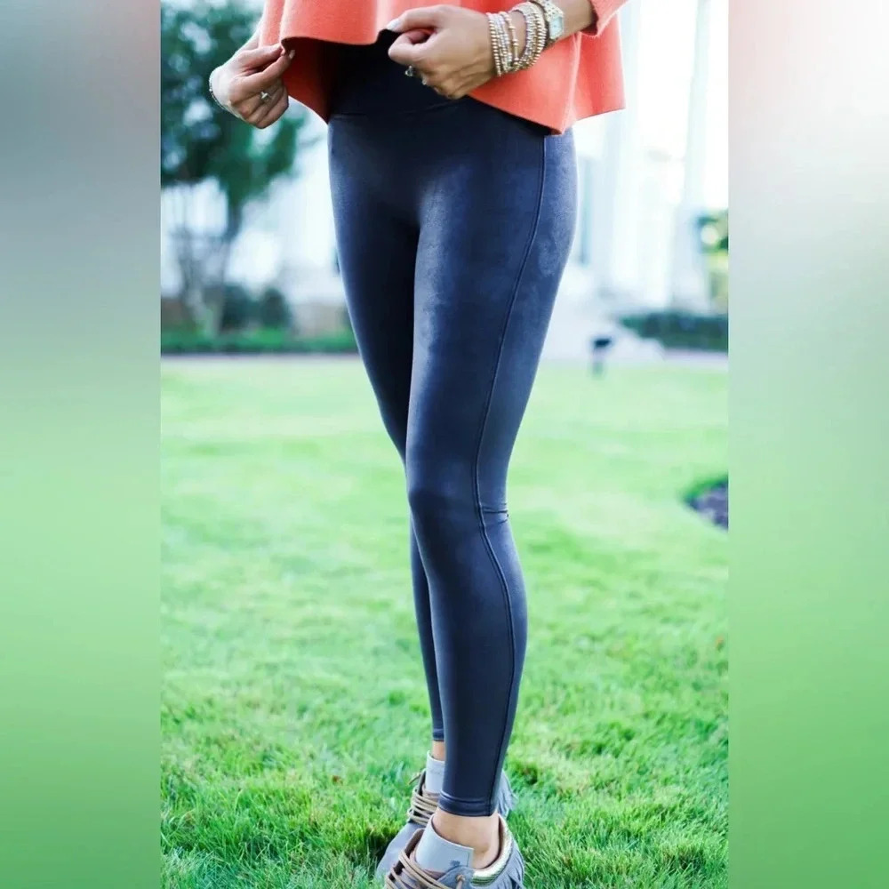 SPANX faux leathered blue stretch compression core yoga day 2 nite leggings S